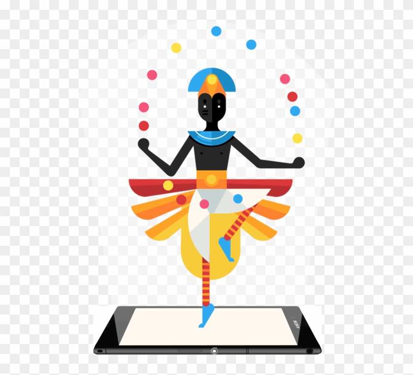 Stylized dancer juggling colorful orbs, emerging from a smartphone screen in vibrant flat design.