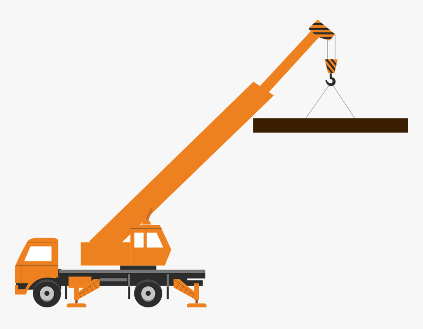 Orange mobile crane lifting a heavy steel beam with outriggers deployed for stability.
