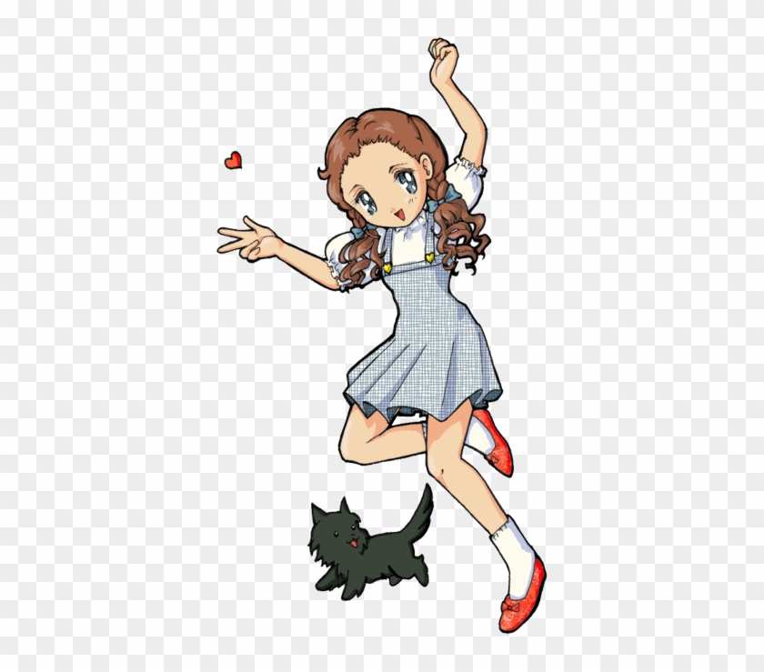 A cheerful anime-style girl in a blue gingham dress and red shoes jumps joyfully with a black cat and a floating heart.