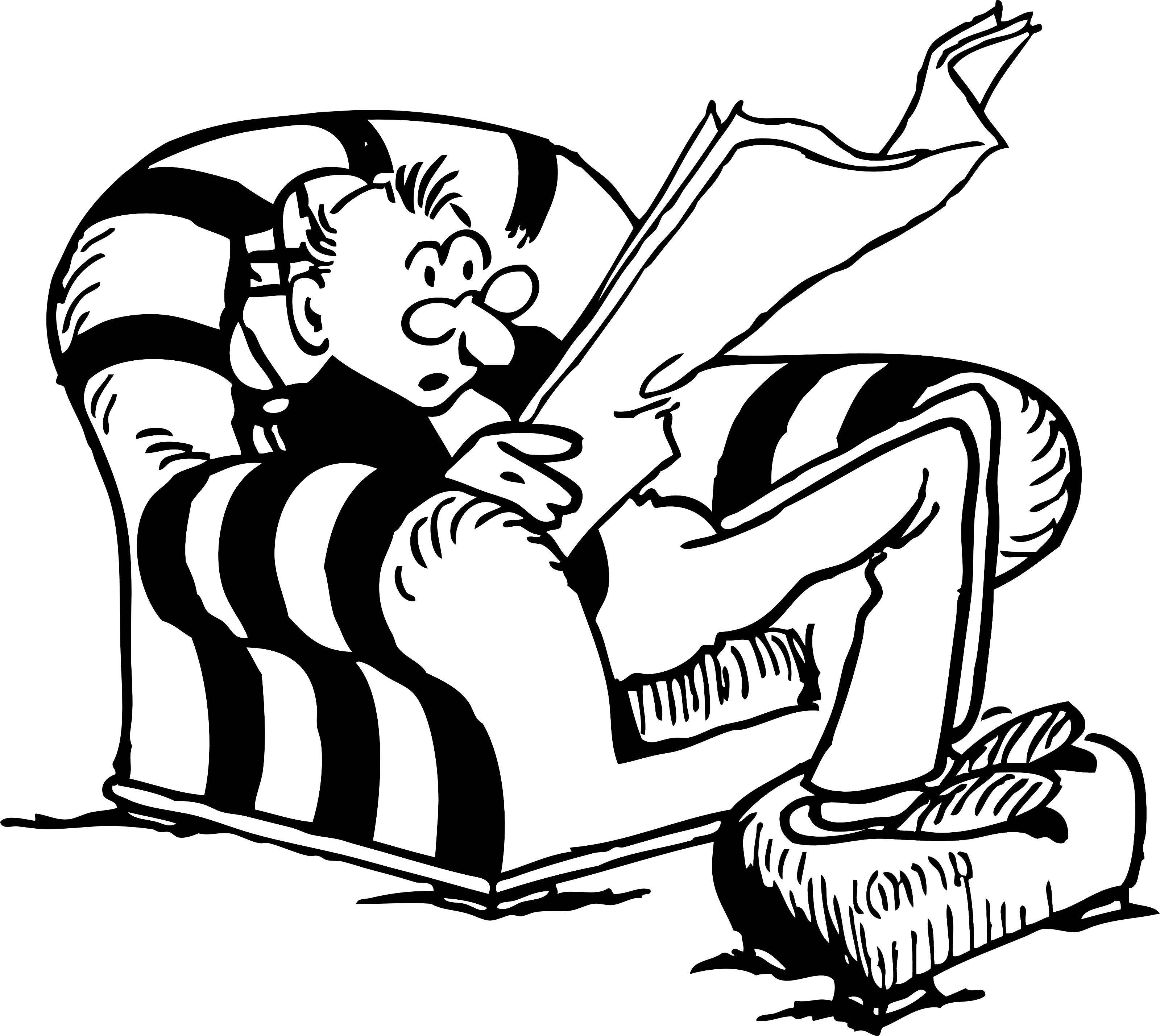 A cartoon man with glasses sits on the floor reading a large open book, surrounded by stacked books and papers, looking surprised.