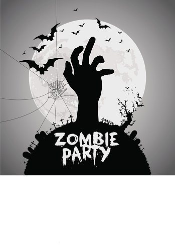 Silhouetted zombie hand rising from a graveyard under a full moon with bats and spiderwebs.