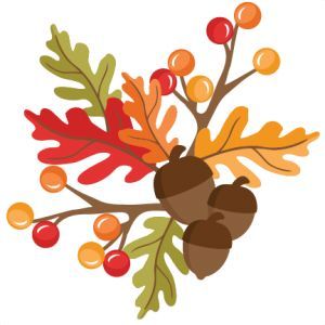 Autumn-themed illustration with colorful oak leaves, acorns, and red/orange berries on branches.