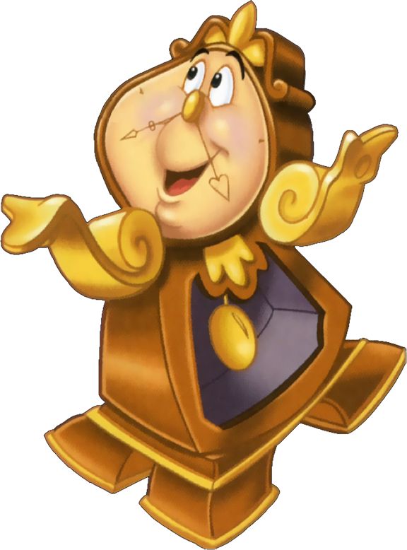 Cogsworth, the anthropomorphic mantel clock from Disney’s Beauty and the Beast, smiling with arms outstretched.