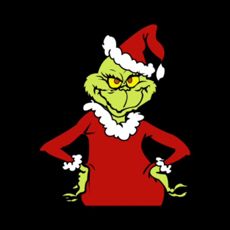 Grinch in red Santa suit and hat, hands on hips, glaring with yellow eyes against black background.