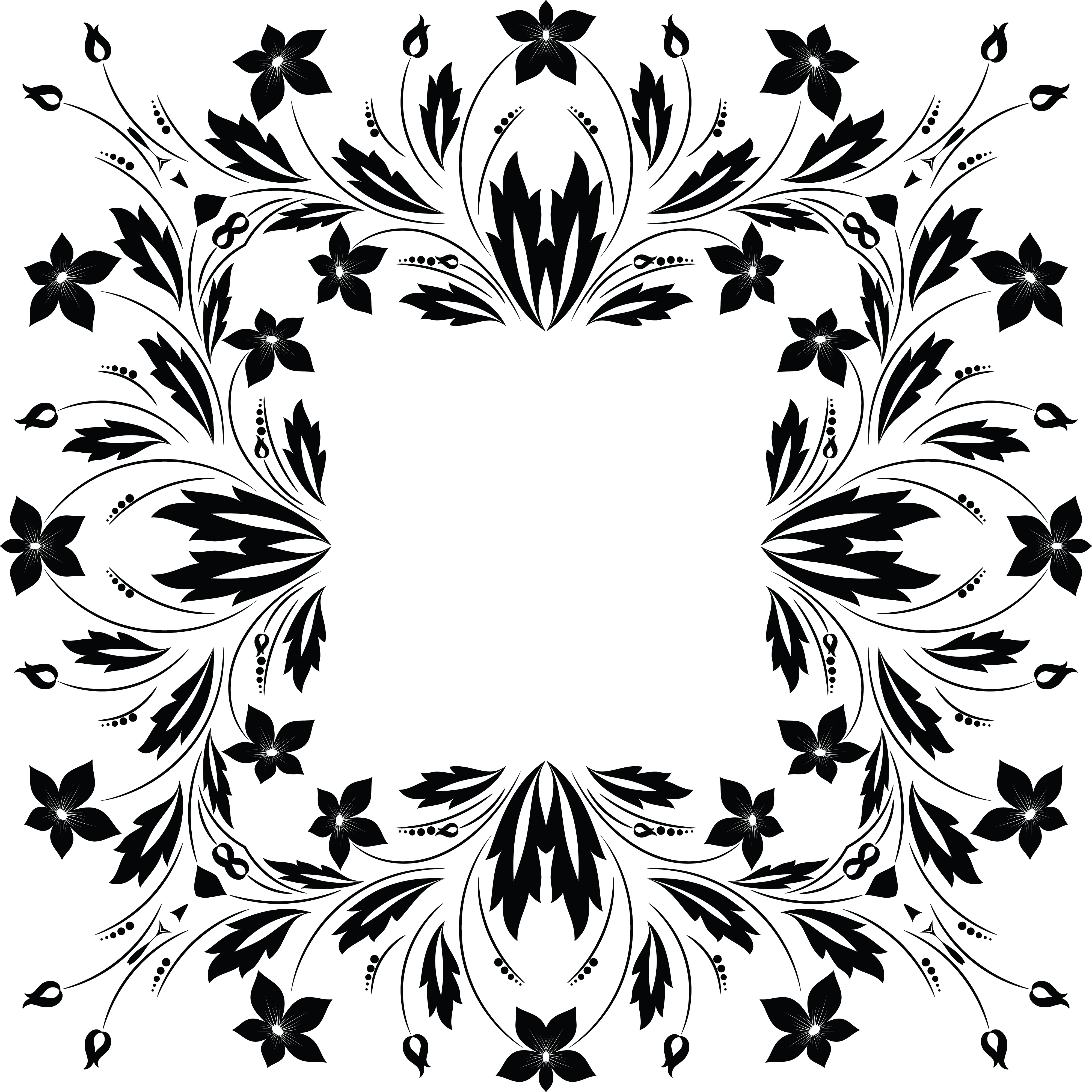 Black-and-white ornamental floral border with symmetrical vines, leaves, and stylized flowers forming a decorative frame.