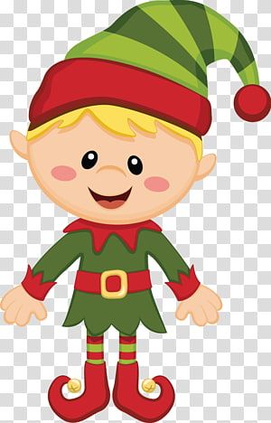 Cheerful cartoon Christmas elf with green and red striped hat, green tunic, and curly-toed shoes.