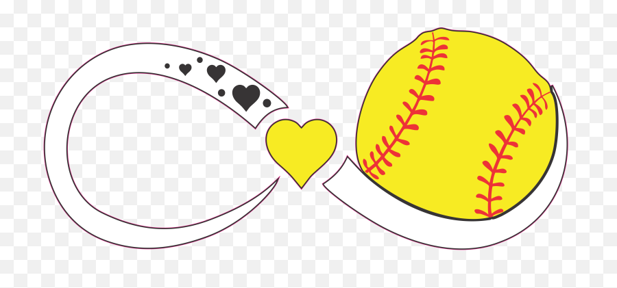 Yellow softball integrated into an infinity symbol with hearts, symbolizing enduring love for the sport.