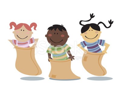 Three diverse children smiling while playing in burlap sacks, suggesting a sack race or playful activity.