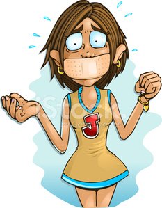 Anxious cartoon girl in yellow cheerleader outfit with tape over mouth, sweating and gesturing helplessly.