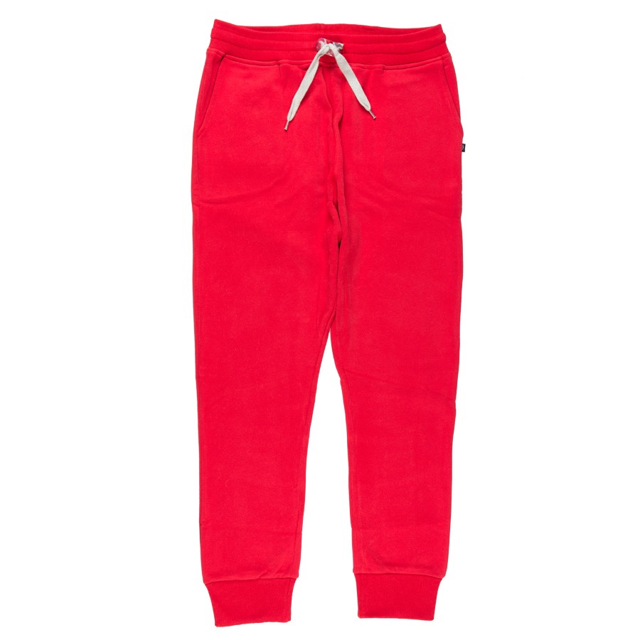 Bright red jogger-style sweatpants with white drawstring waist and elastic cuffs.