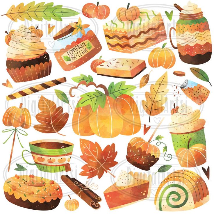 Watercolor illustration of autumn-themed desserts, pumpkins, leaves, spices, and beverages in warm fall colors.
