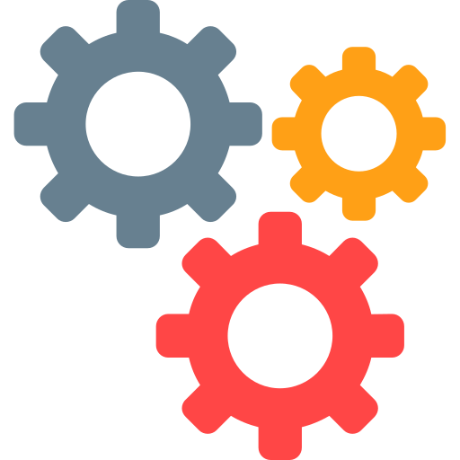 Three interlocking gears in gray, orange, and red symbolizing system integration or teamwork.