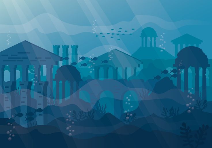 Underwater ruins of ancient temples with fish, sunbeams, and coral in deep blue ocean depths.