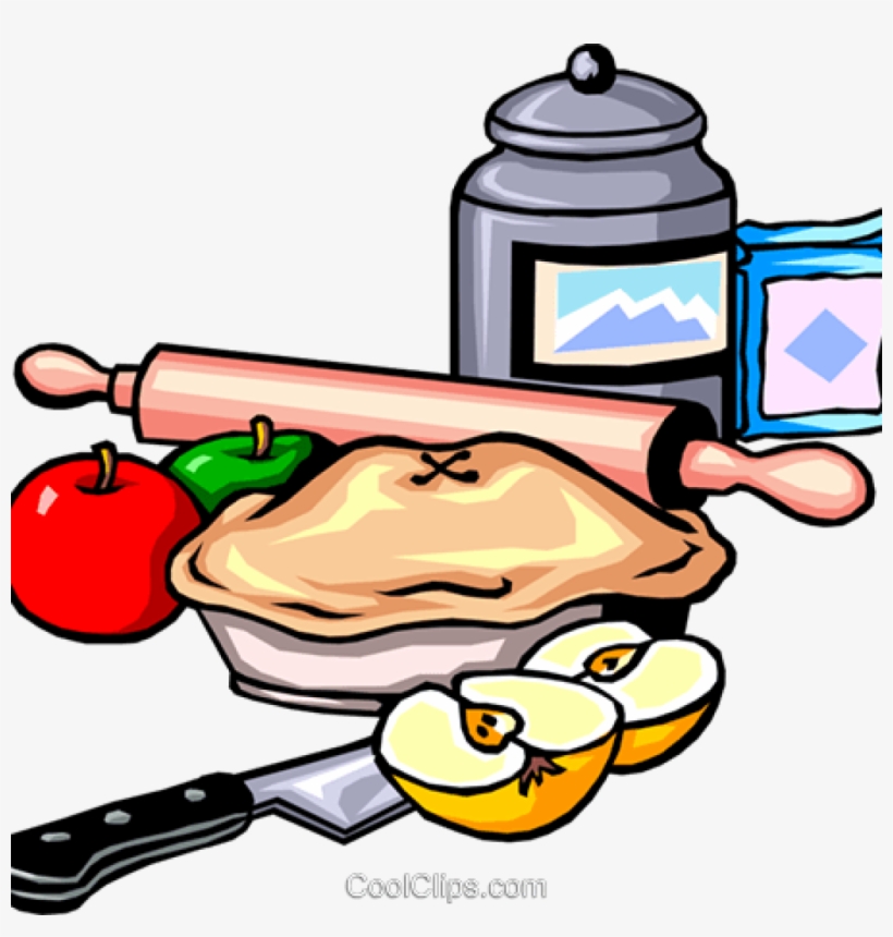 Apple pie baking setup with rolling pin, apples, knife, sugar jar, and butter package.