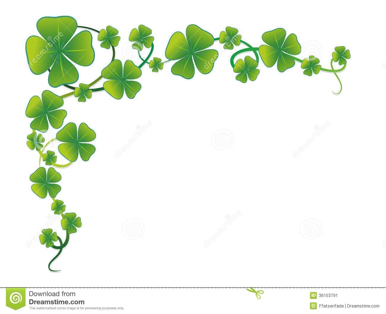 Green shamrock vine border design with four-leaf clovers forming a corner frame on white background.