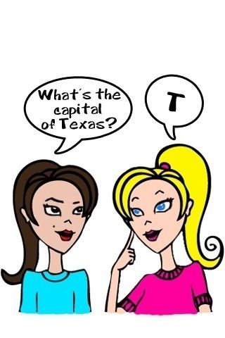 Two cartoon women discussing the capital of Texas; one asks, the other thinks with a "T" speech bubble.