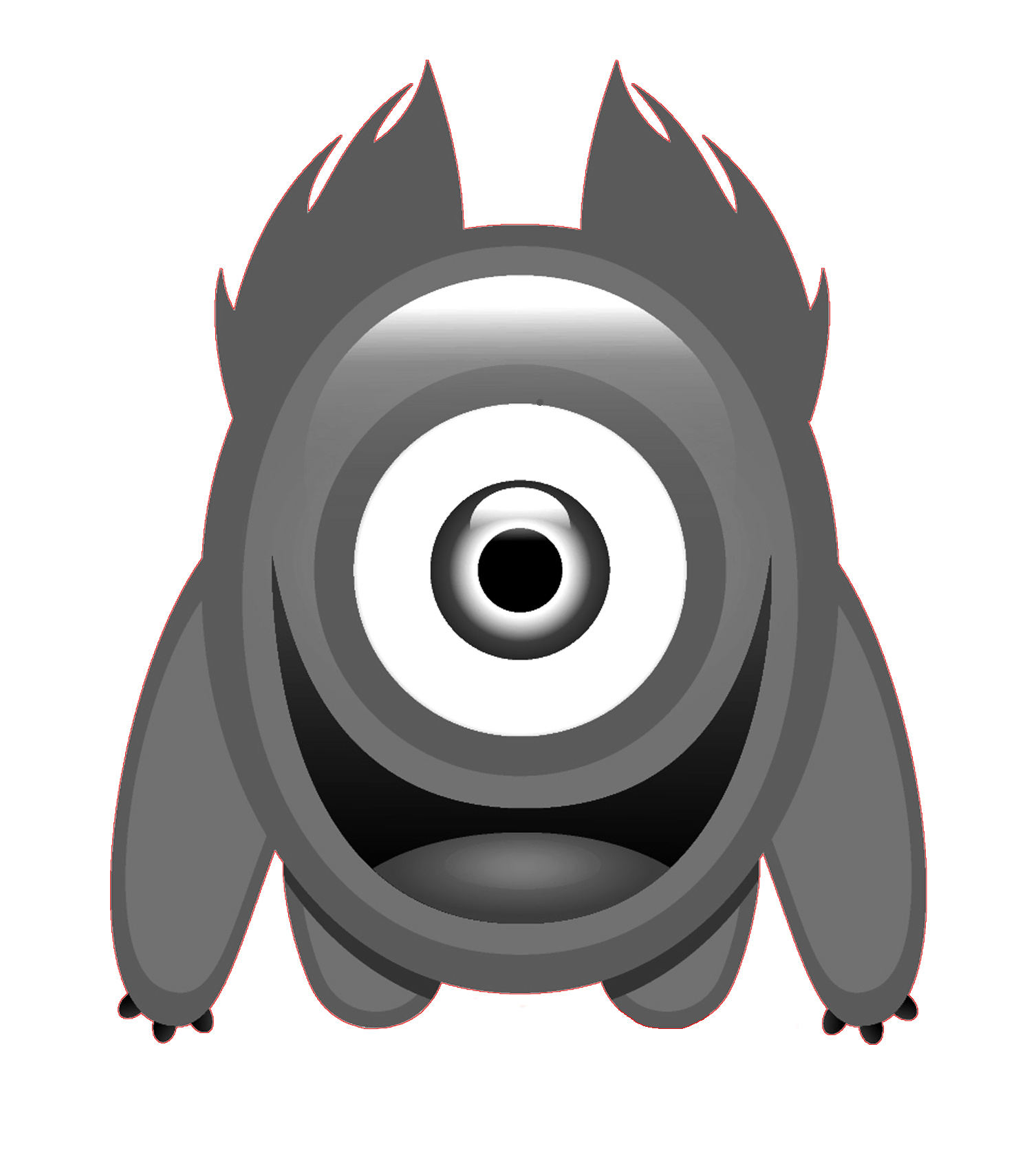 Gray cartoon monster with one large eye, spiky hair, and open mouth, in grayscale vector style.