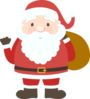 Cheerful cartoon Santa Claus in red suit with white beard, waving and carrying a gift sack.