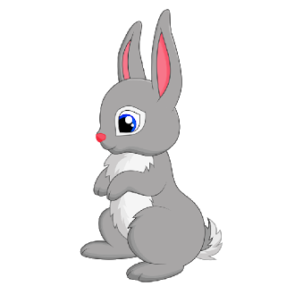 Gray cartoon bunny with pink ears, blue eyes, and white chest sitting upright.