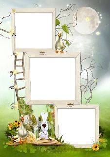 Whimsical spring-themed photo collage frame with rabbits, flowers, moon, and ladder on grassy background.