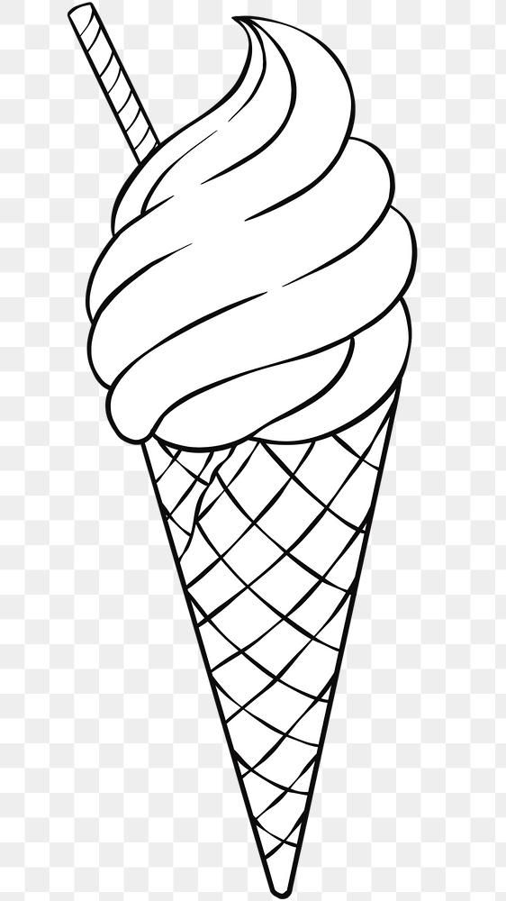Black-and-white line drawing of a soft-serve ice cream in a waffle cone with a striped straw.
