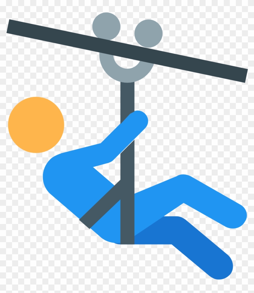Blue stick figure ziplining on a cable with orange sun background, flat vector icon.