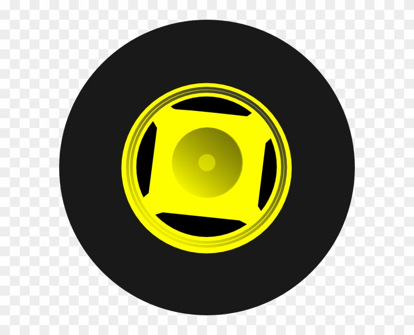 Black tire with bright yellow five-spoke rim, viewed from front on transparent background.