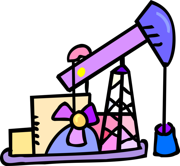 Colorful cartoon-style oil pumpjack with notebook, flower, and container on a black background.