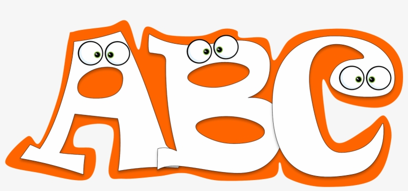 Playful cartoon-style letters A, B, and C with expressive eyes and orange outlines on white background.