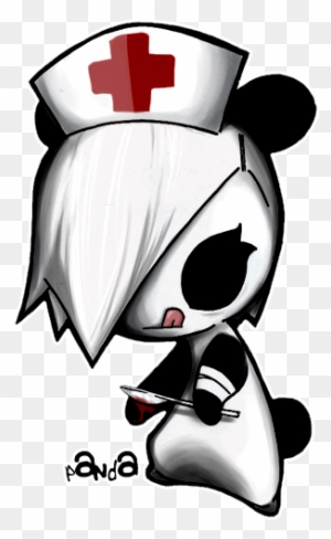 Chibi-style panda nurse with red cross cap, holding syringe, stylized black-and-white artwork.