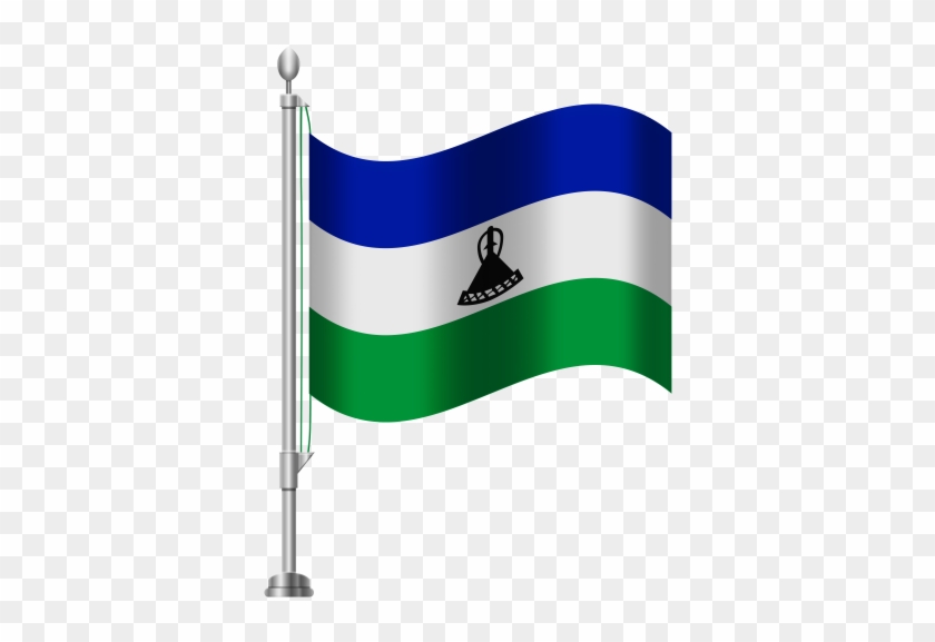 Flag of Lesotho waving on a silver flagpole against transparent background.