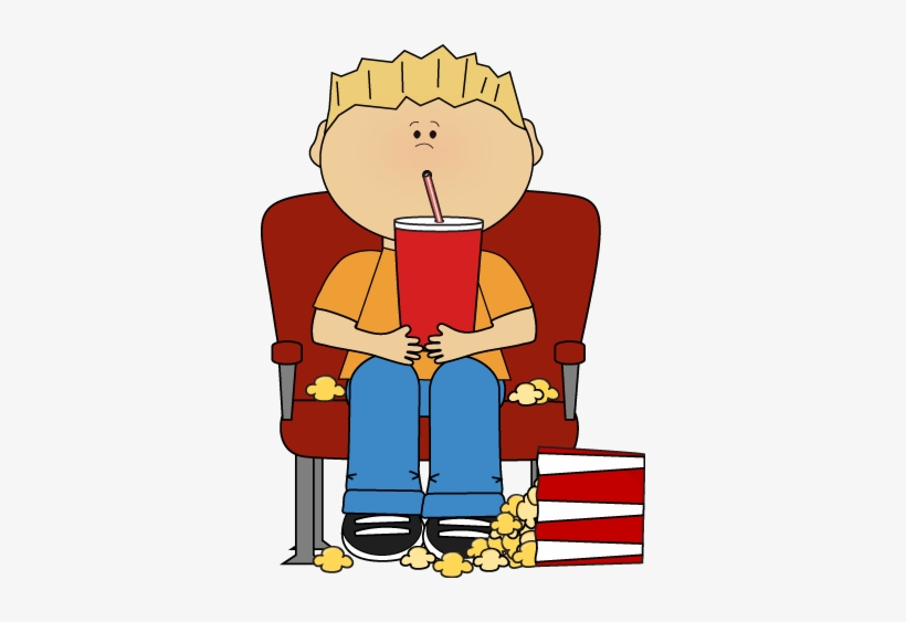 A cartoon boy with blond hair sits in a red theater chair, sipping a large red drink with a straw and holding popcorn.