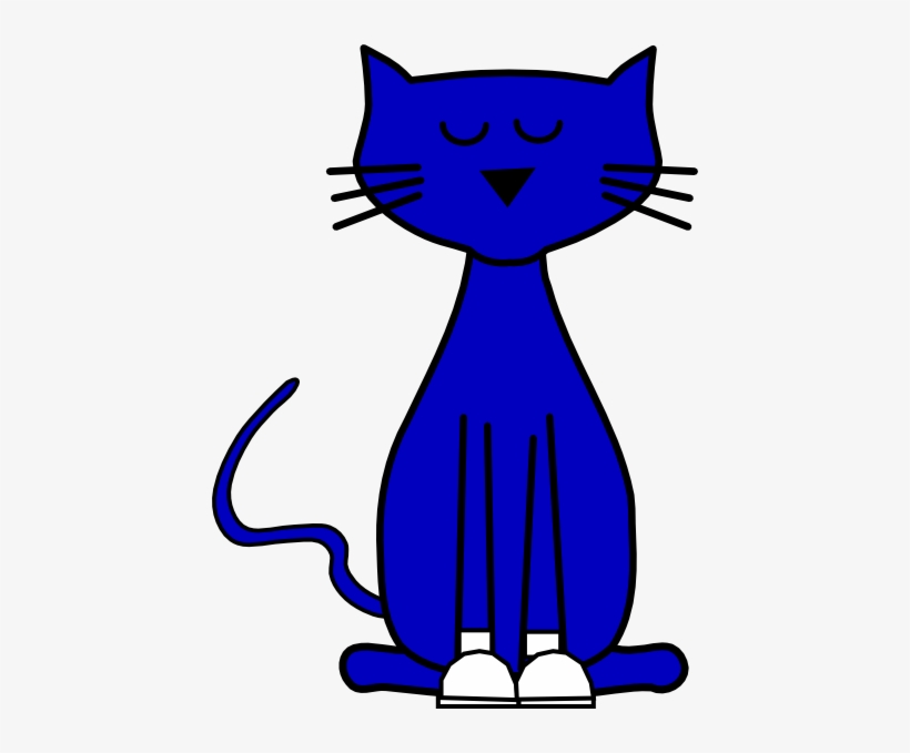 A cheerful blue cartoon cat sitting upright with closed eyes, white shoes, and a curved tail.