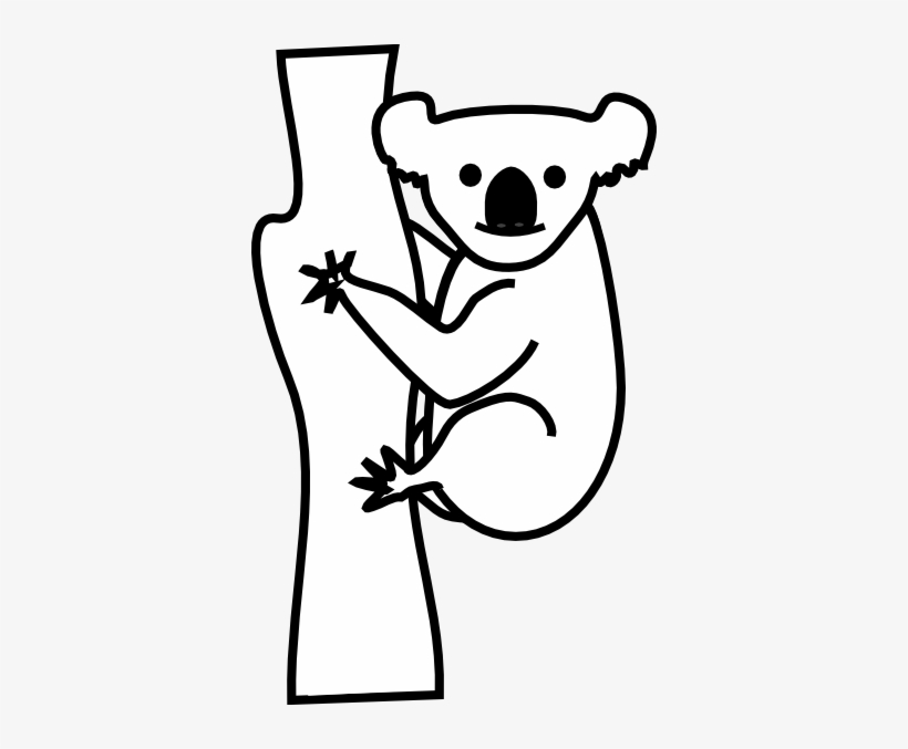 Simple black-and-white line drawing of a koala clinging to a tree trunk.
