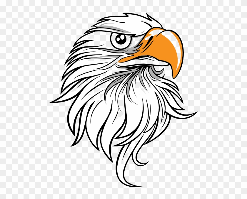 Stylized bald eagle head illustration with white feathers, sharp orange beak, and intense eye on transparent background.