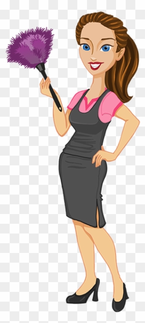 Cartoon woman in apron holding purple feather duster, smiling confidently.