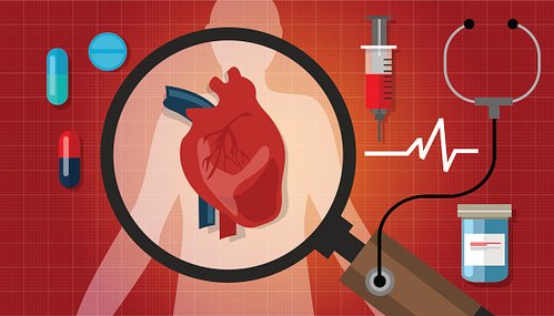 Magnifying glass focusing on a human heart surrounded by medical tools and pills on a red grid background.