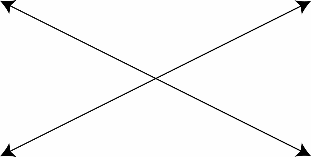 Two black diagonal lines intersecting at center, each with arrowheads pointing outward in an X shape on white background.
