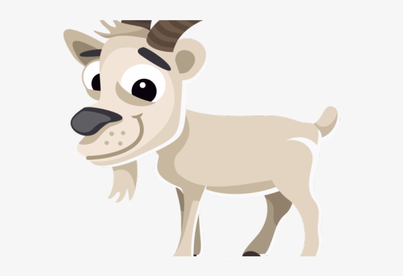 Cute cartoon goat with expressive eyes, small horns, and a friendly smile standing sideways.