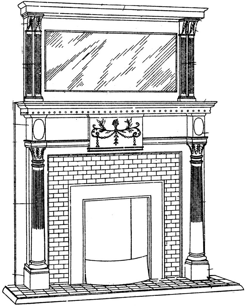 Classical fireplace mantel with Corinthian columns, brick surround, decorative frieze, and overmantel mirror.