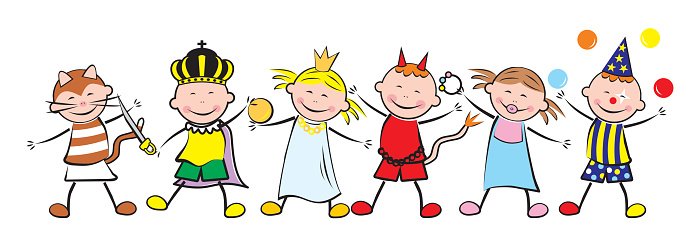 Six cheerful cartoon children in colorful costumes-cat, king, princess, devil, fairy, and clown-juggling or posing playfully.