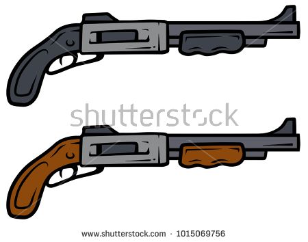 Two cartoon-style shotguns: one with black synthetic stock, the other with wooden stock and forend.