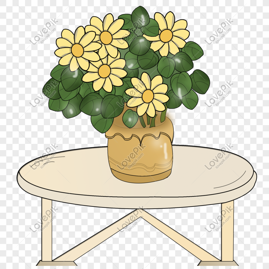 Yellow daisies in a ceramic vase on a round wooden table with green leaves, illustrated style.