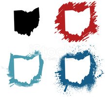 Four stylized Ohio state outline graphics in black, red, teal, and blue with grunge and splatter effects on white background.