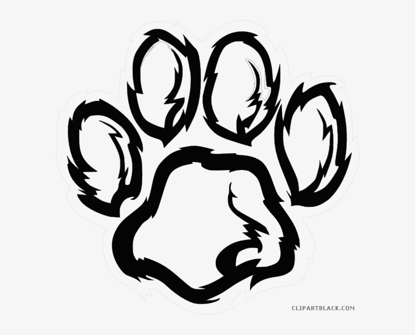 Black and white stylized animal paw print with jagged, tribal-style edges and four toe pads plus a large heel pad.