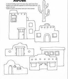 Line drawings of traditional adobe buildings with cacti, illustrating Southwestern architectural style for educational coloring.