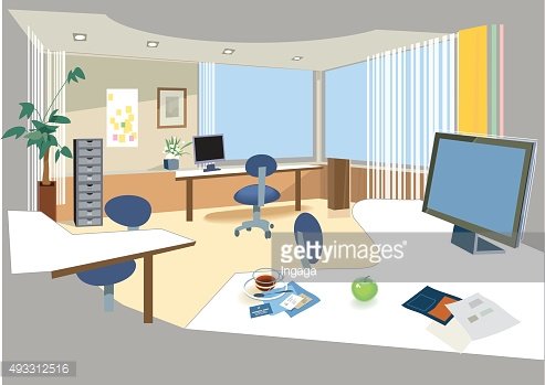 Modern open-plan office interior with desks, computers, chairs, plants, and large windows letting in natural light.