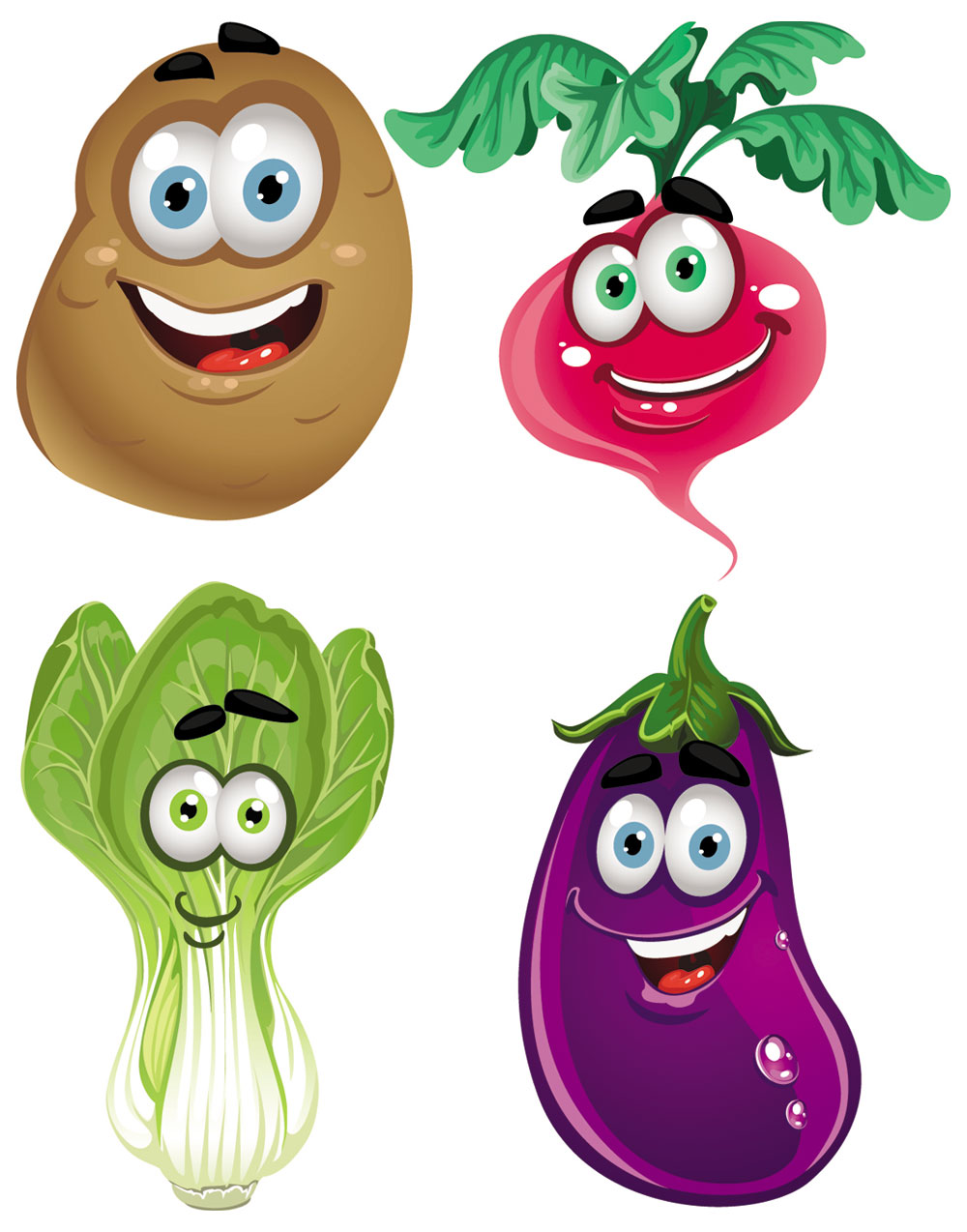Four cheerful cartoon vegetables: potato, radish, bok choy, and eggplant with expressive faces and vibrant colors.