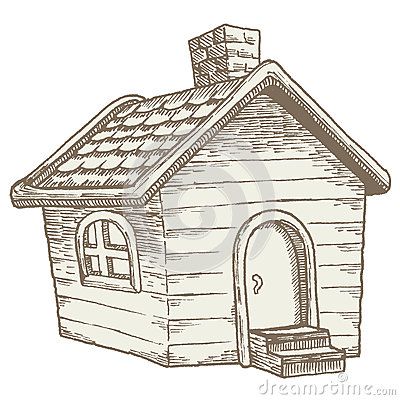 Hand-drawn sketch of a cozy wooden cabin with shingled roof, arched door, and small window.