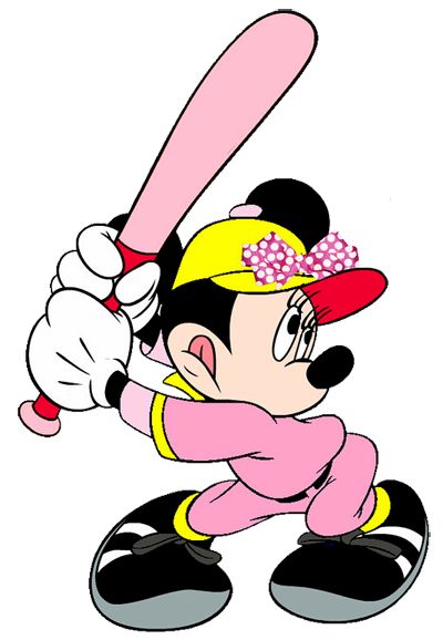 Minnie Mouse in a pink baseball uniform, swinging a pink bat with a yellow cap and polka-dot bow.